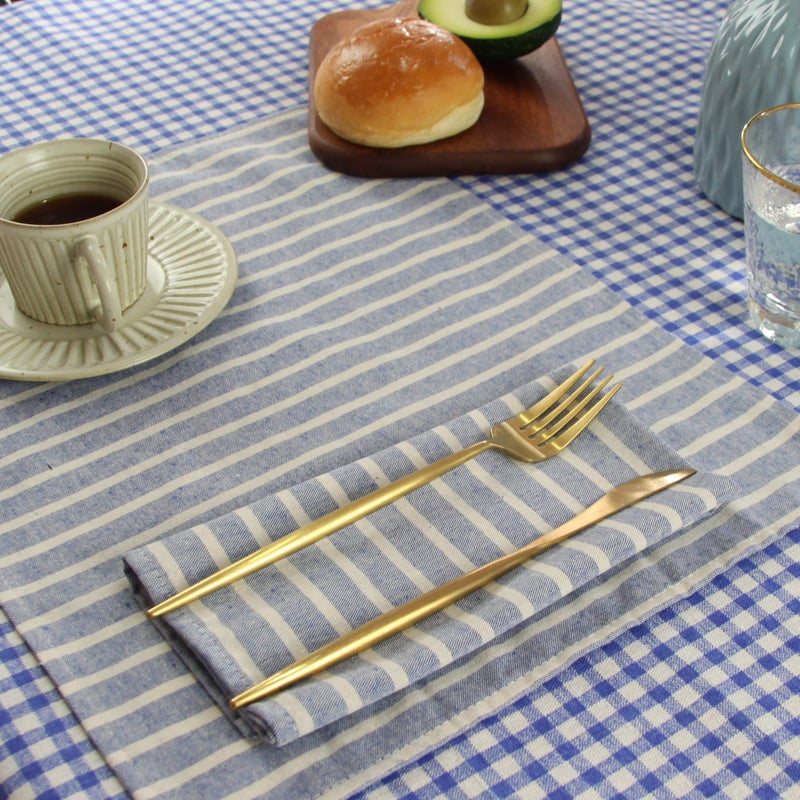INFEI Broad Striped Cotton Blended Dinner Cloth Napkins - Set of 12 (40 x 30 cm) - for Events & Home Use (Blue) - Image 5
